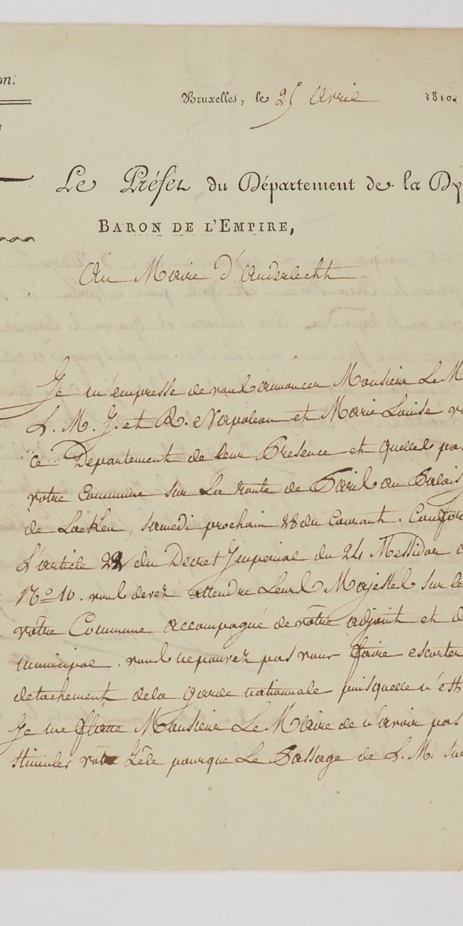 une lettre originale datée du 25 avril 1810 et relative à Napoléon.