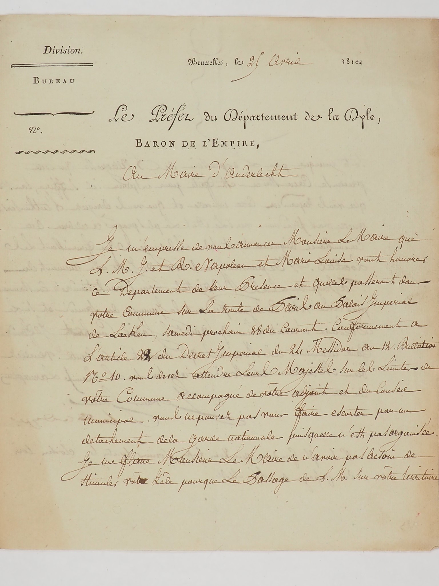 une lettre originale datée du 25 avril 1810 et relative à Napoléon.